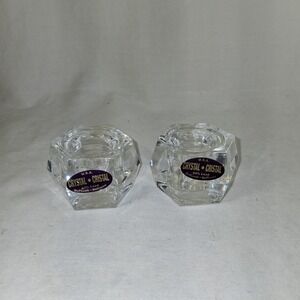 Set of 2 Taper Candle‎ Holders 24% Lead Crystal Hexagon Shaped 80's Made in USA